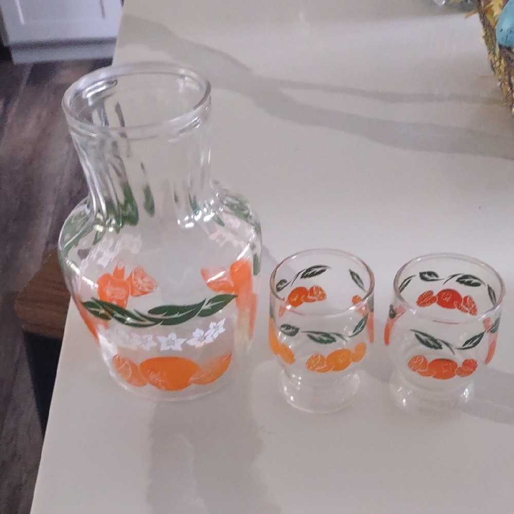 Vintage Orange Juice Carafe And Two Glasses. Circa 1960's And 70's. EUC
